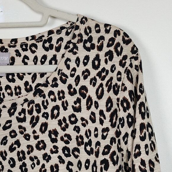 Chico's Leopard Print Bracelet Sleeve Tab Top Blouse Cotton Modal Blend Size L - Picture 3 of 10
